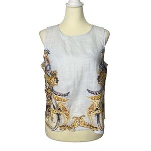 Joie 100% Linen Sleeveless Top Button Back Blue Floral Print Size M Chic Luxury